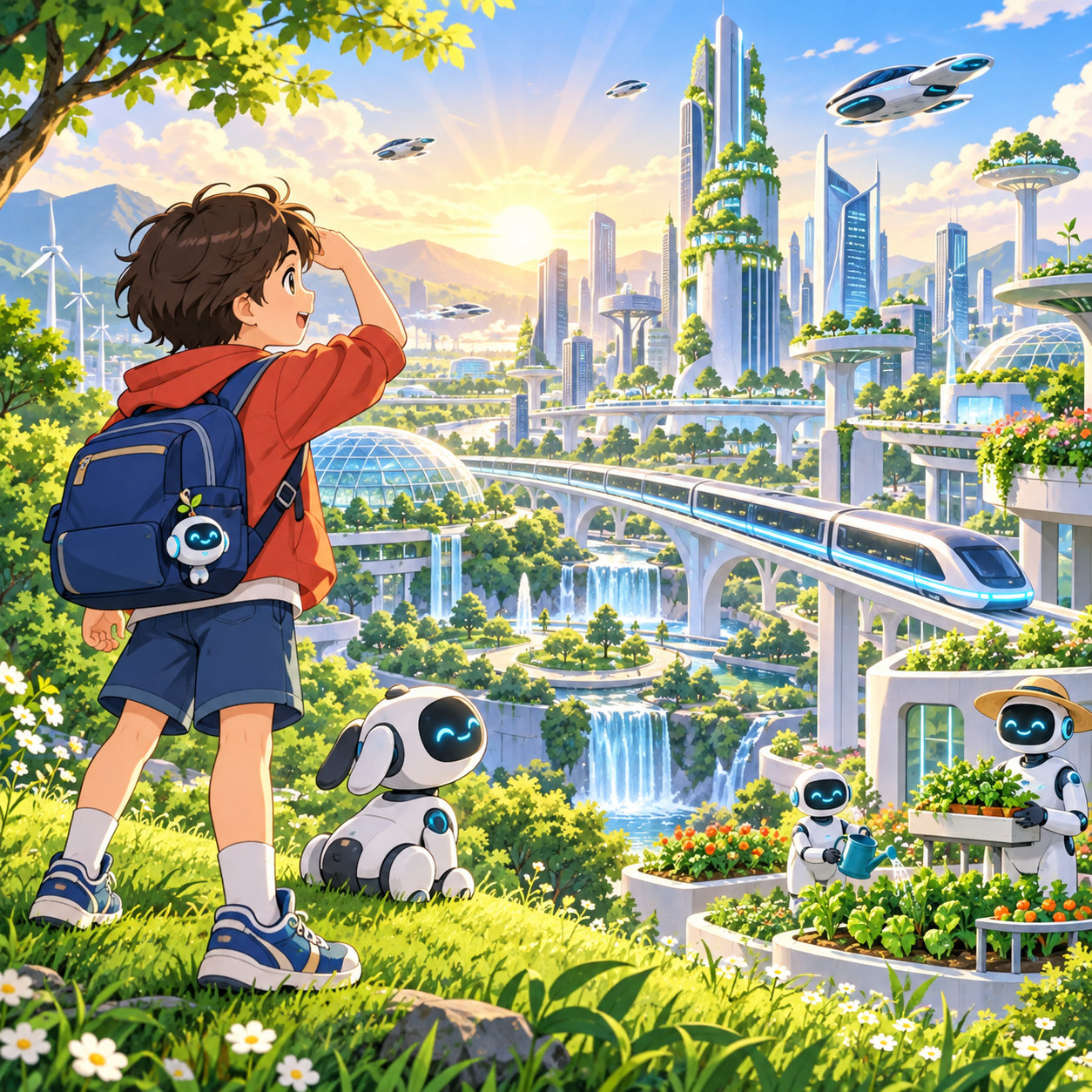 Illustration manga d'un enfant découvrant une ville du futur