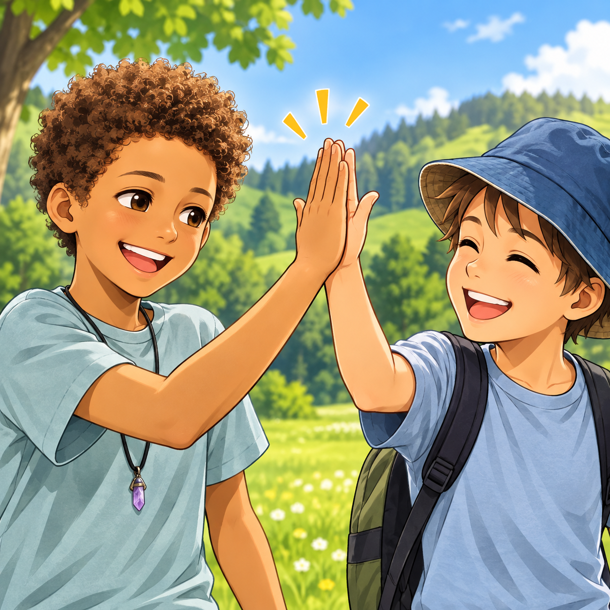 Deux amis dessinés dans un style manga